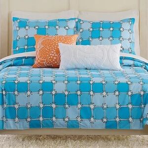 Trina Turk Aqua Square Duvet 3 Piece Set Full Queen 100% Cotton Designer Modern